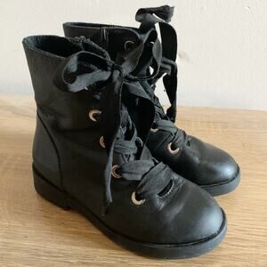 Zara Kids Black Leather Lace Up Side Zip Boots EU Size 27 US 8 9 Ribbon Laces